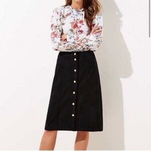 LOFT Black Sued Like Midi Skirt with Button Detail
